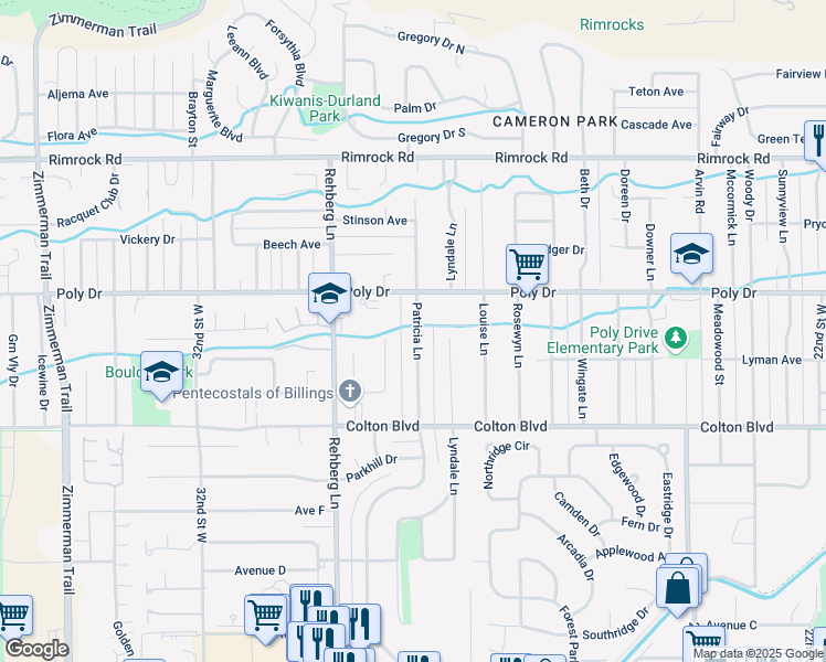 map of restaurants, bars, coffee shops, grocery stores, and more near 2318 Patricia Lane in Billings