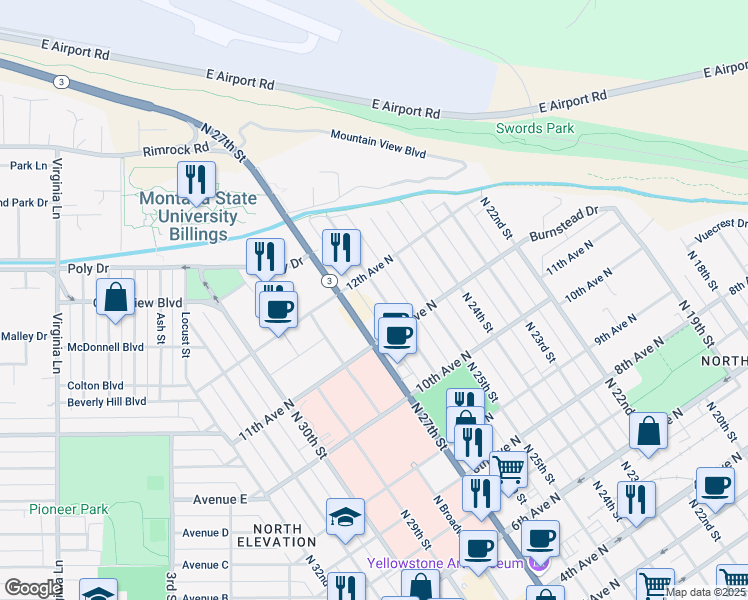 map of restaurants, bars, coffee shops, grocery stores, and more near 1131 N 27th St in Billings