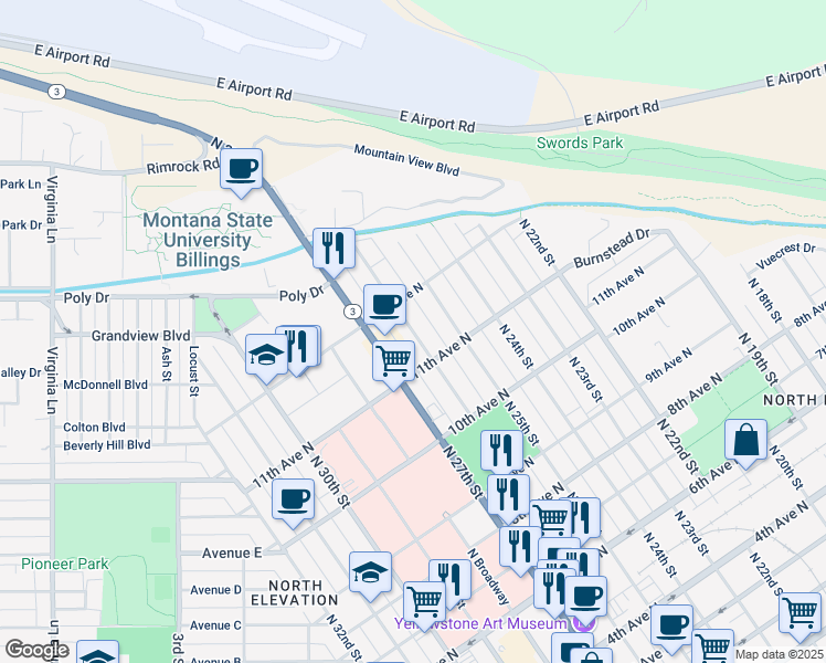 map of restaurants, bars, coffee shops, grocery stores, and more near 1131 N 27th St in Billings
