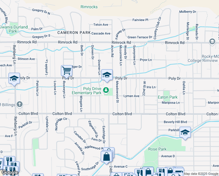 map of restaurants, bars, coffee shops, grocery stores, and more near 2410 Poly Drive in Billings