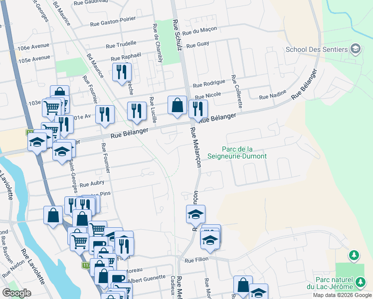 map of restaurants, bars, coffee shops, grocery stores, and more near 640 Rue de Bellefeuille in Saint-Jã©Rã´Me