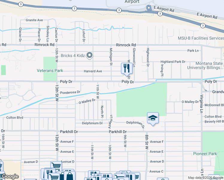 map of restaurants, bars, coffee shops, grocery stores, and more near 1011 O Malley Drive in Billings