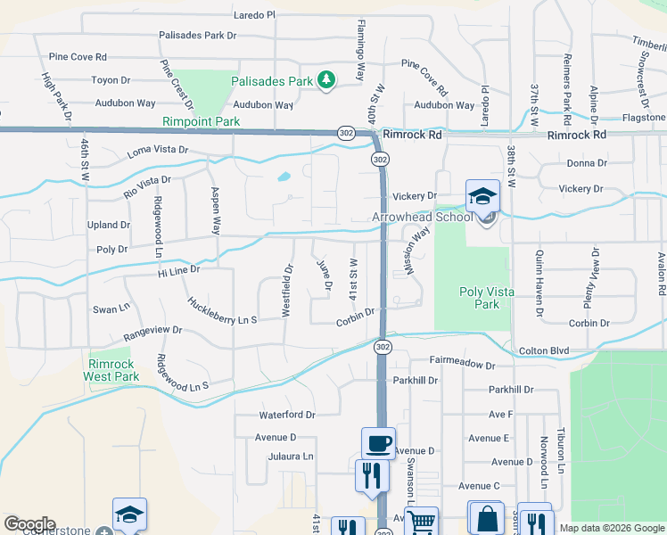 map of restaurants, bars, coffee shops, grocery stores, and more near 4119 June Drive in Billings