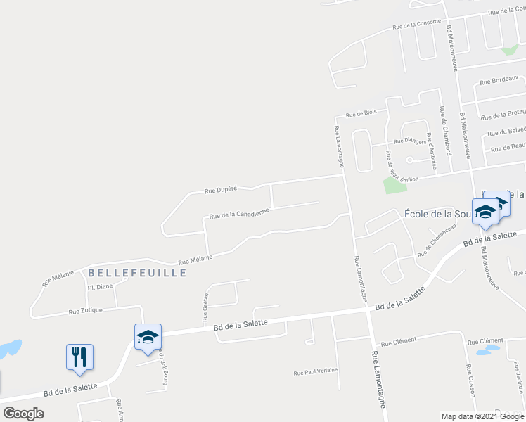map of restaurants, bars, coffee shops, grocery stores, and more near Rue de la Canadienne in Saint-Jérôme