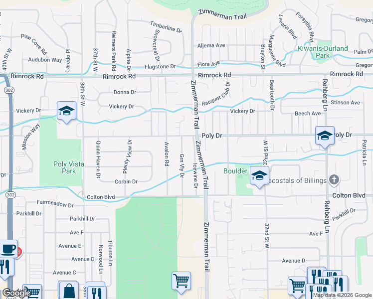 map of restaurants, bars, coffee shops, grocery stores, and more near 2312 Green Valley Drive in Billings