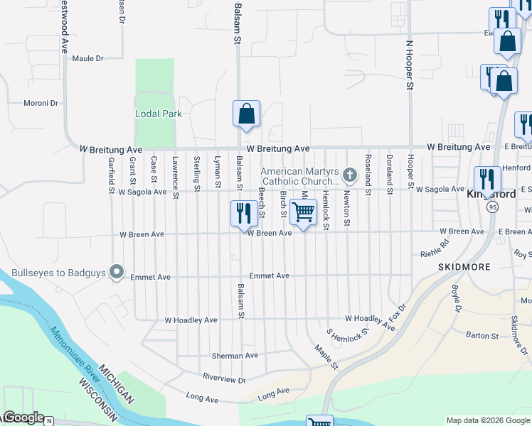 map of restaurants, bars, coffee shops, grocery stores, and more near 200-298 Beech Street in Kingsford