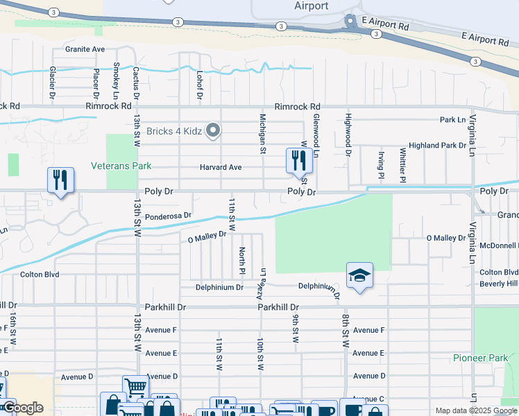 map of restaurants, bars, coffee shops, grocery stores, and more near 1011 O Malley Drive in Billings