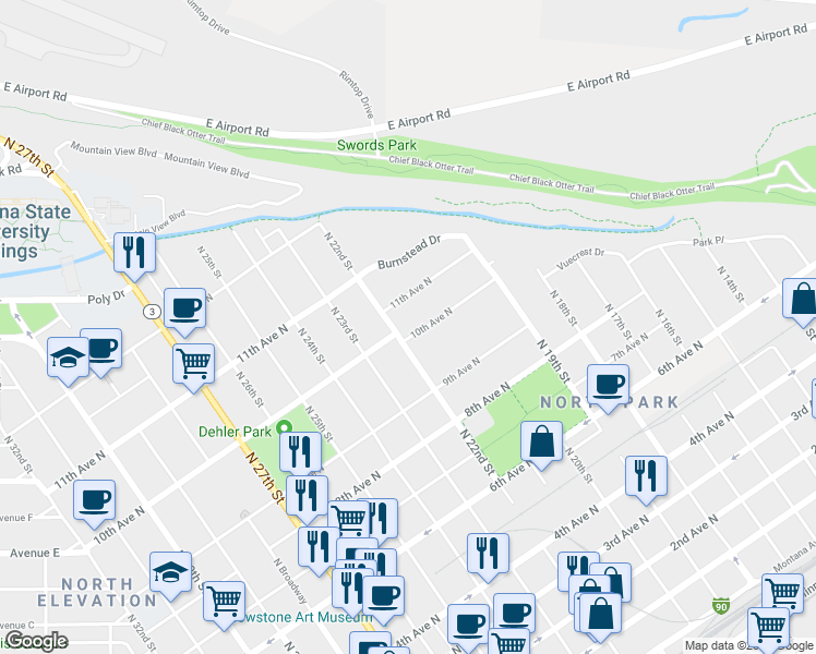 map of restaurants, bars, coffee shops, grocery stores, and more near 2121 10th Avenue North in Billings