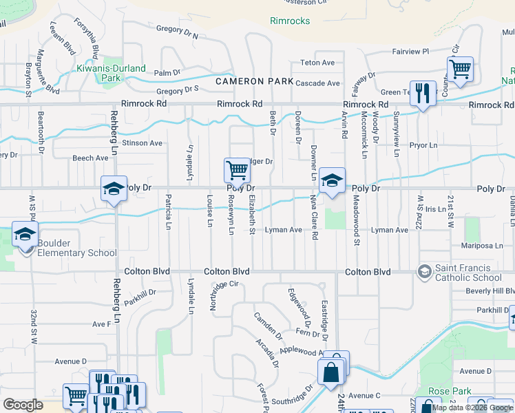 map of restaurants, bars, coffee shops, grocery stores, and more near 2312 Elizabeth St in Billings