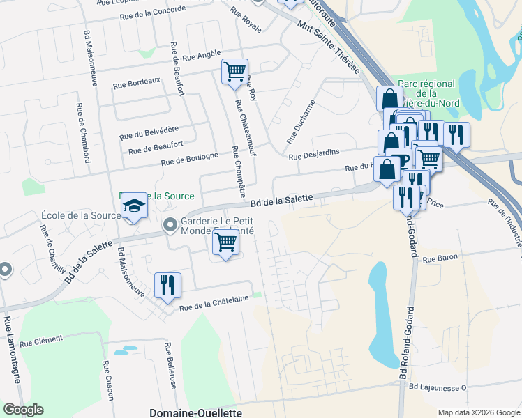 map of restaurants, bars, coffee shops, grocery stores, and more near 313 Boulevard de la Salette in Saint-Jérôme