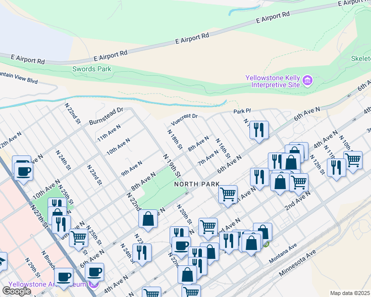 map of restaurants, bars, coffee shops, grocery stores, and more near 825 North 18th Street in Billings