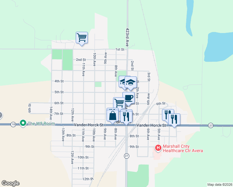 map of restaurants, bars, coffee shops, grocery stores, and more near 759 5th Street in Britton