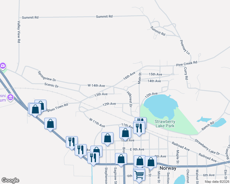 map of restaurants, bars, coffee shops, grocery stores, and more near 301-499 16th Avenue in Norway