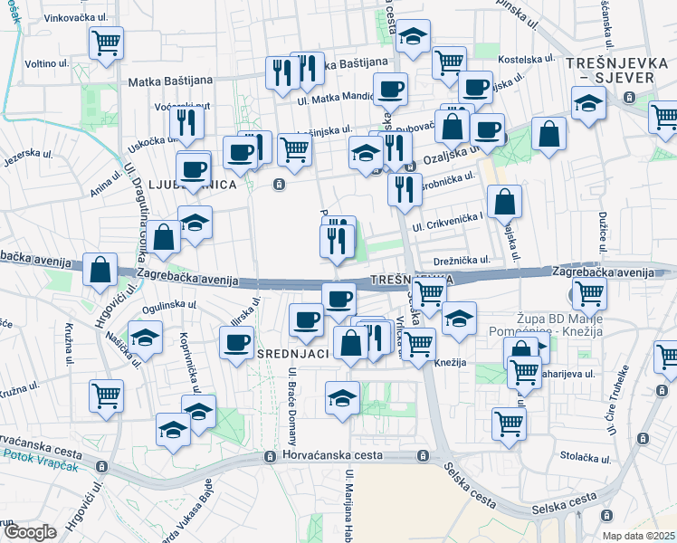 map of restaurants, bars, coffee shops, grocery stores, and more near 9 Puljska ulica in Zagreb