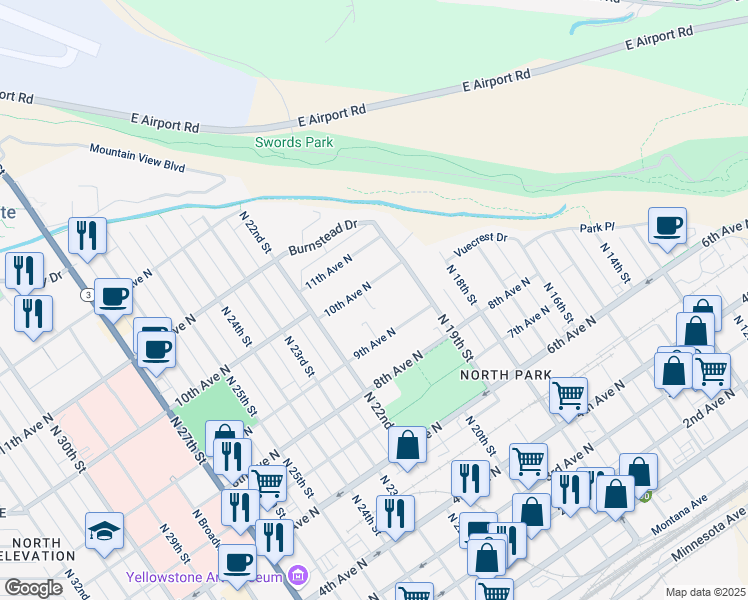 map of restaurants, bars, coffee shops, grocery stores, and more near 2001 10th Avenue North in Billings