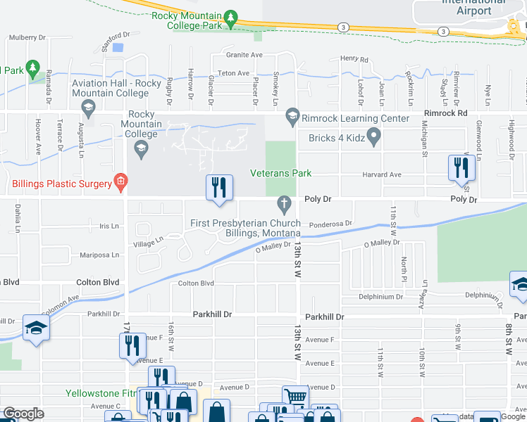 map of restaurants, bars, coffee shops, grocery stores, and more near 1400 Poly Drive in Billings