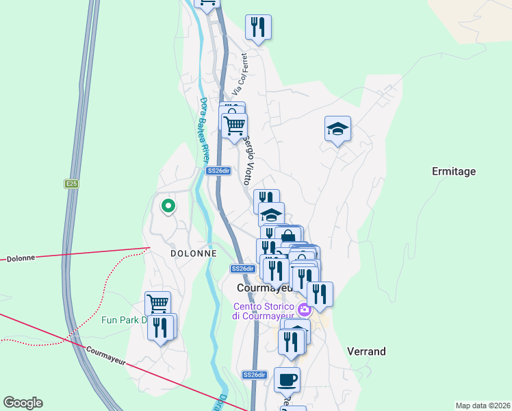 map of restaurants, bars, coffee shops, grocery stores, and more near 58 Viale Monte Bianco in Courmayeur