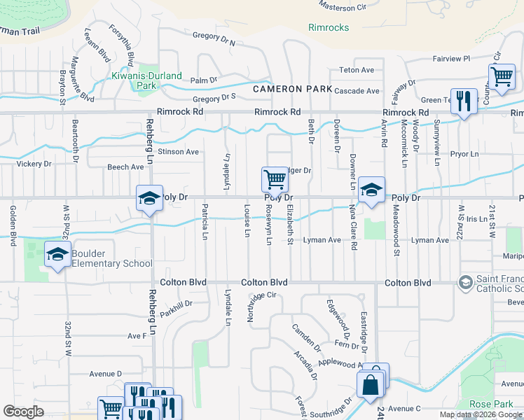 map of restaurants, bars, coffee shops, grocery stores, and more near 2704 Poly Drive in Billings