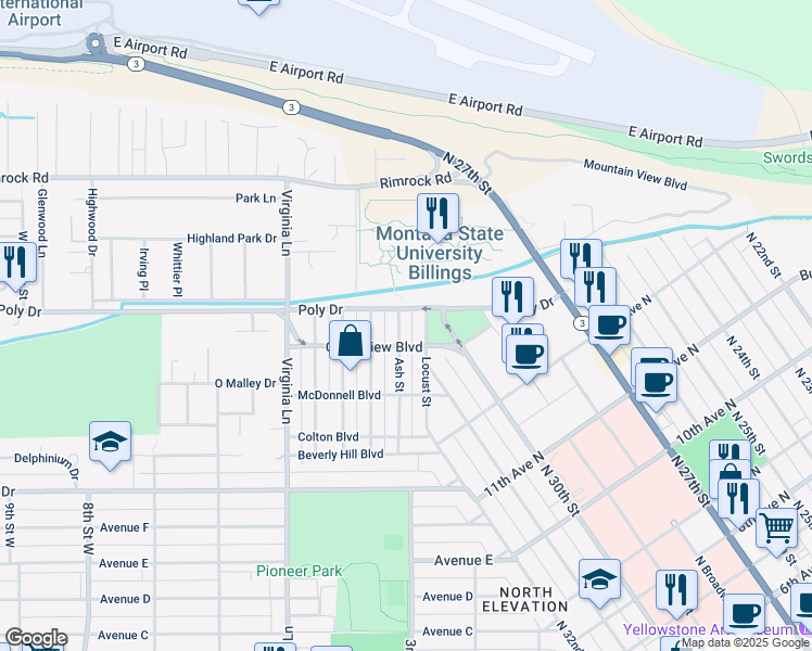 map of restaurants, bars, coffee shops, grocery stores, and more near 2415 Ash Street in Billings