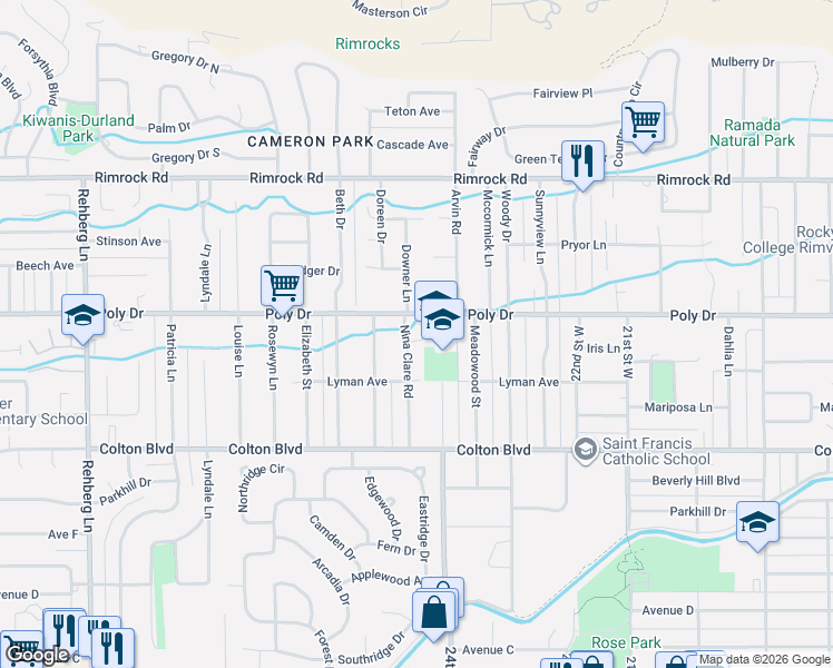 map of restaurants, bars, coffee shops, grocery stores, and more near 2460-2480 Poly Drive in Billings