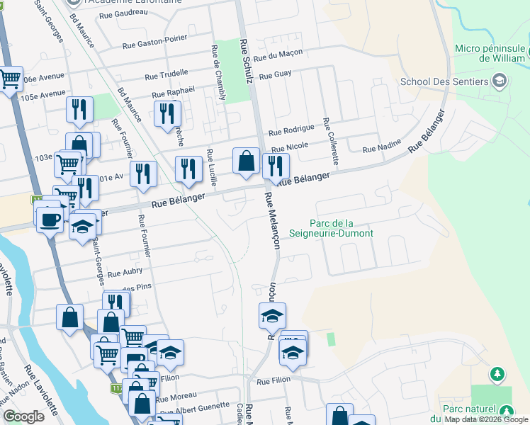 map of restaurants, bars, coffee shops, grocery stores, and more near 607 Rue de Bellefeuille in Saint-Jérôme
