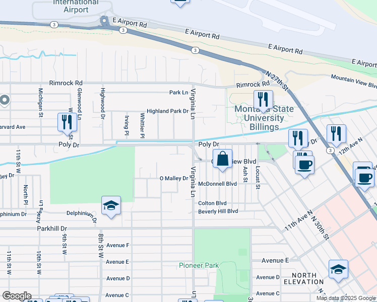 map of restaurants, bars, coffee shops, grocery stores, and more near 2500-2530 Virginia Lane in Billings