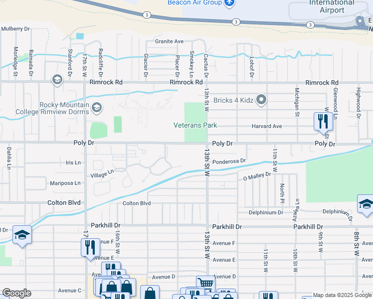 map of restaurants, bars, coffee shops, grocery stores, and more near 1400 Poly Drive in Billings