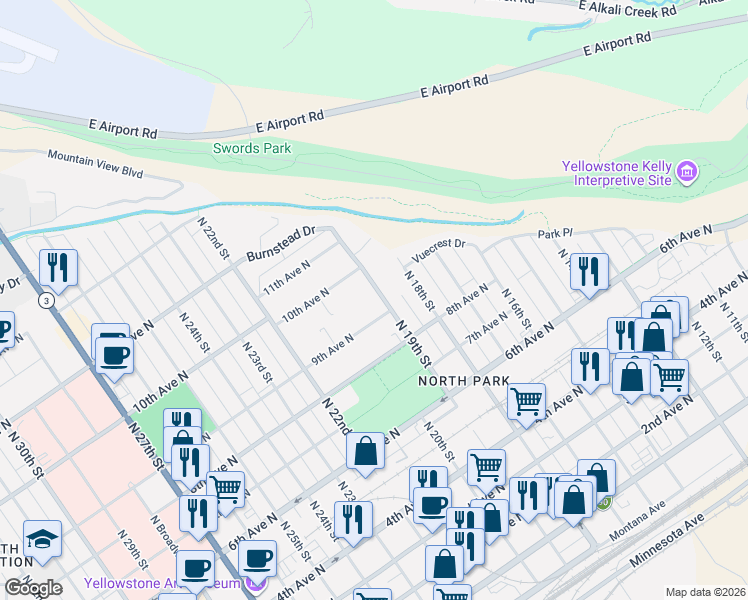 map of restaurants, bars, coffee shops, grocery stores, and more near 920 North 19th Street in Billings