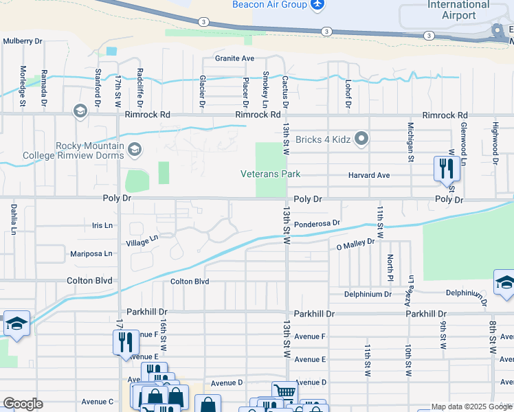 map of restaurants, bars, coffee shops, grocery stores, and more near 1400 Poly Drive in Billings