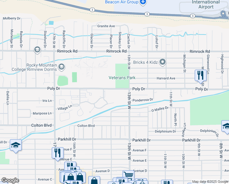 map of restaurants, bars, coffee shops, grocery stores, and more near 1400 Poly Drive in Billings