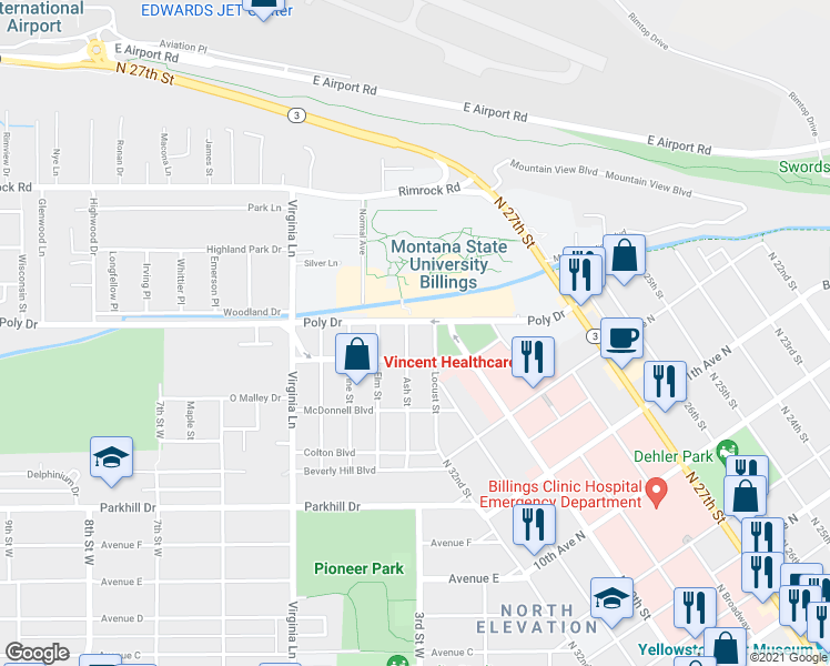 map of restaurants, bars, coffee shops, grocery stores, and more near 2419 Ash Street in Billings