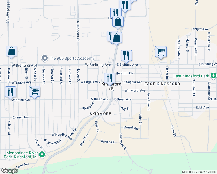 map of restaurants, bars, coffee shops, grocery stores, and more near 1132 South Carpenter Avenue in Kingsford