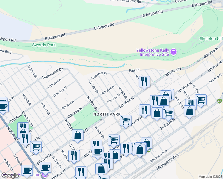 map of restaurants, bars, coffee shops, grocery stores, and more near 811 North 17th Street in Billings