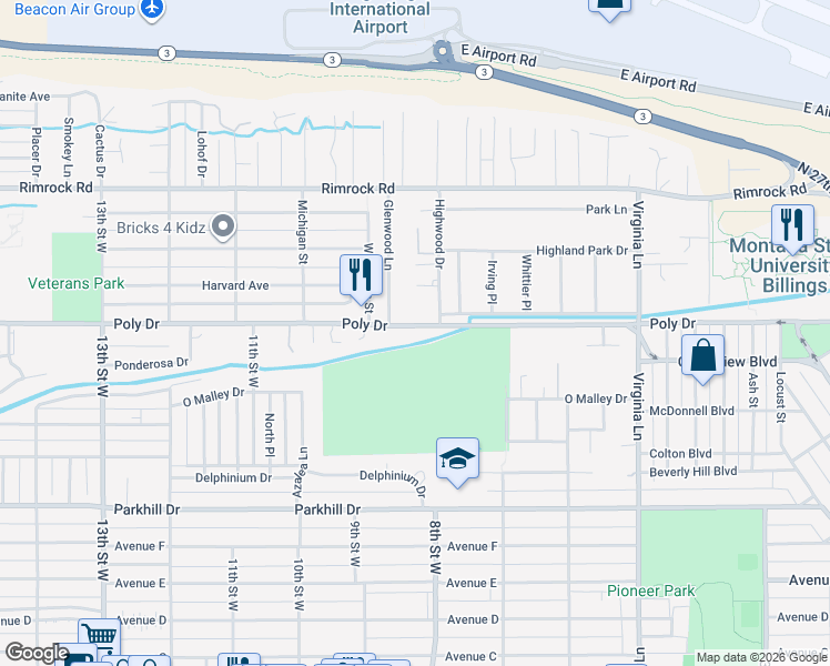 map of restaurants, bars, coffee shops, grocery stores, and more near 827 Poly Drive in Billings