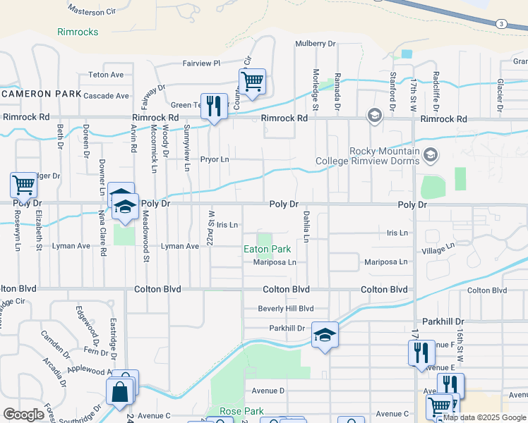 map of restaurants, bars, coffee shops, grocery stores, and more near 2031 Poly Drive in Billings