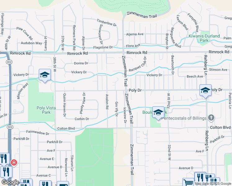 map of restaurants, bars, coffee shops, grocery stores, and more near 3444 Poly Drive in Billings