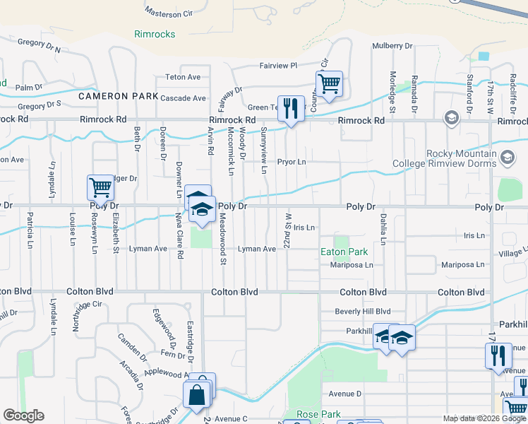 map of restaurants, bars, coffee shops, grocery stores, and more near 2418 Sunnyview Lane in Billings