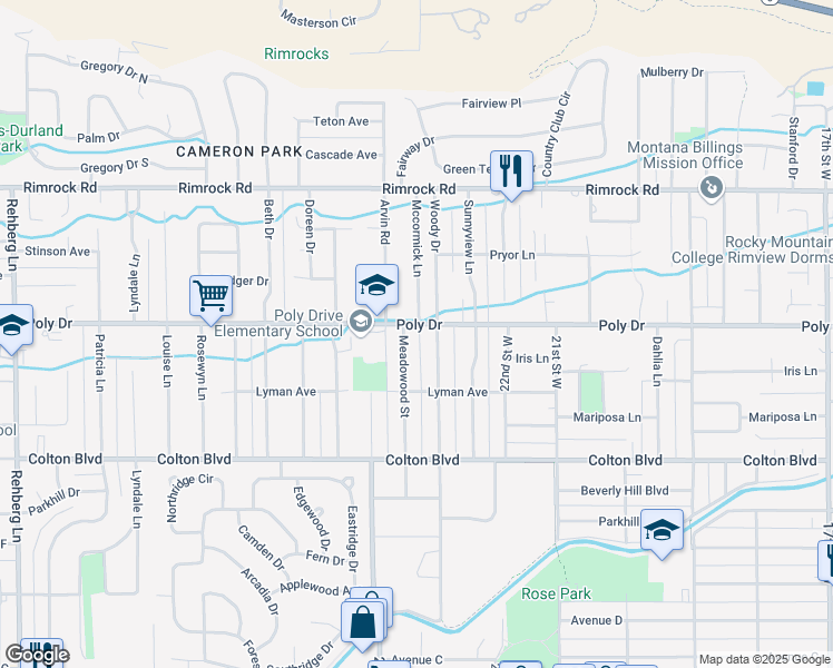 map of restaurants, bars, coffee shops, grocery stores, and more near 2320 Poly Drive in Billings