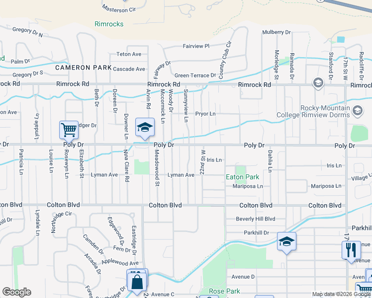 map of restaurants, bars, coffee shops, grocery stores, and more near 2418 Sunnyview Lane in Billings
