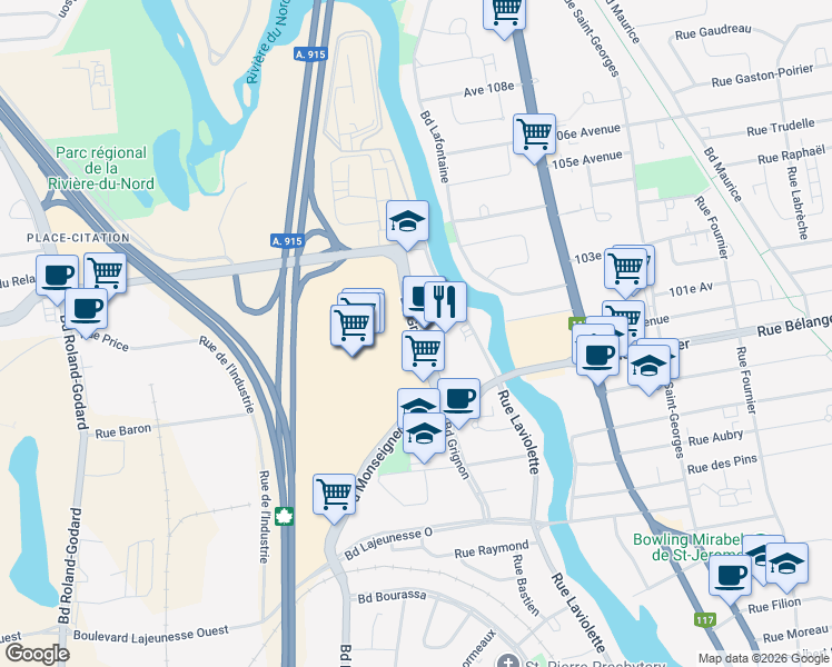 map of restaurants, bars, coffee shops, grocery stores, and more near 900 Boulevard Grignon in Saint-Jérôme