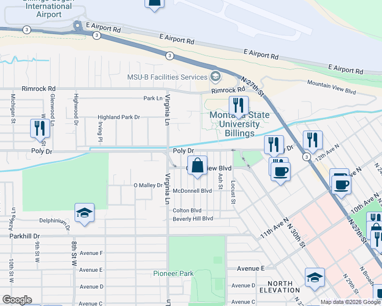 map of restaurants, bars, coffee shops, grocery stores, and more near in Billings