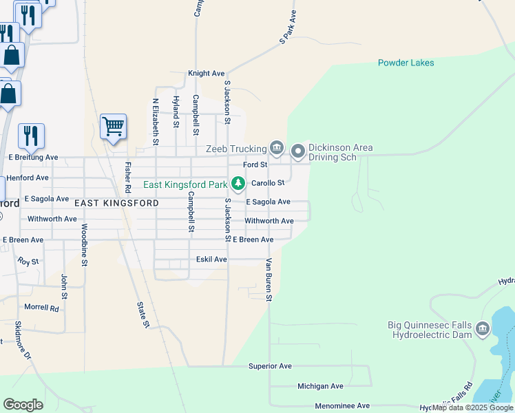 map of restaurants, bars, coffee shops, grocery stores, and more near 819-899 E Sagola Ave in Kingsford