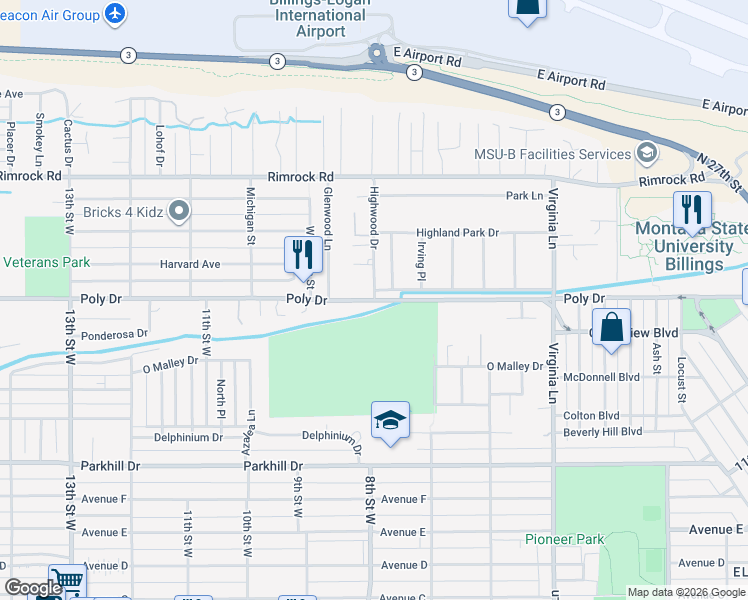 map of restaurants, bars, coffee shops, grocery stores, and more near 2501 Highwood Drive in Billings