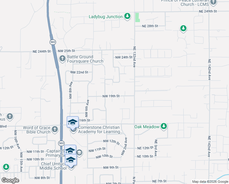 map of restaurants, bars, coffee shops, grocery stores, and more near 202 Northwest 19th Street in Battle Ground