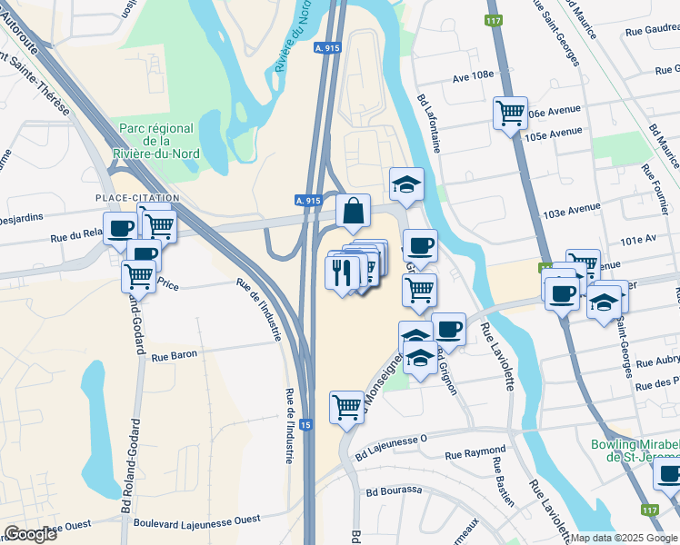 map of restaurants, bars, coffee shops, grocery stores, and more near 900 Boulevard Grignon in Saint-Jérôme
