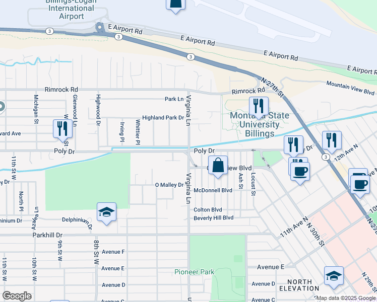 map of restaurants, bars, coffee shops, grocery stores, and more near 2500 Virginia Lane in Billings