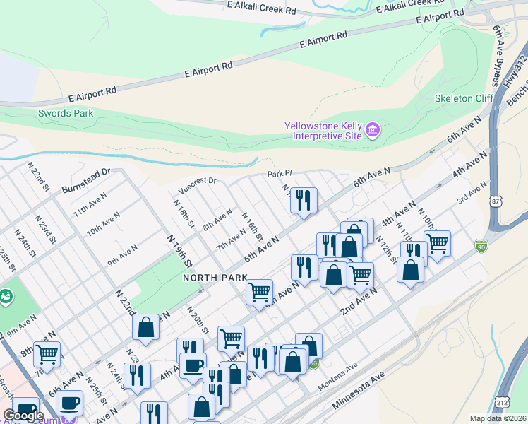 map of restaurants, bars, coffee shops, grocery stores, and more near 704 North 15th Street in Billings