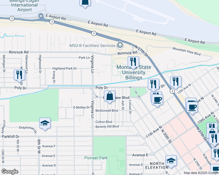 map of restaurants, bars, coffee shops, grocery stores, and more near 353 Poly Drive in Billings