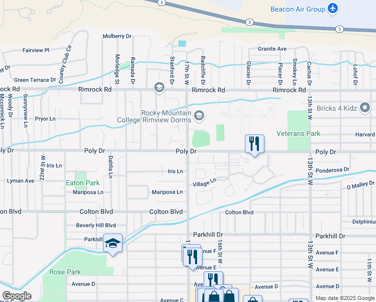 map of restaurants, bars, coffee shops, grocery stores, and more near Poly Dr & 17th St W in Billings