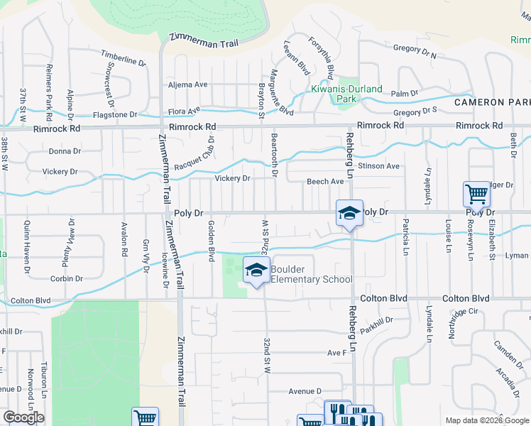 map of restaurants, bars, coffee shops, grocery stores, and more near 3214 Poly Drive in Billings